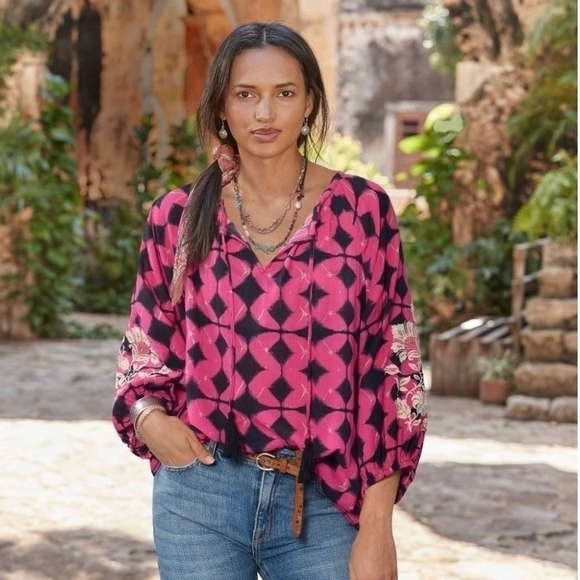 Sundance Hyacinth Batik Boho Peasant Tassel Tie Oversized Top Size Petite Small - Picture 1 of 4